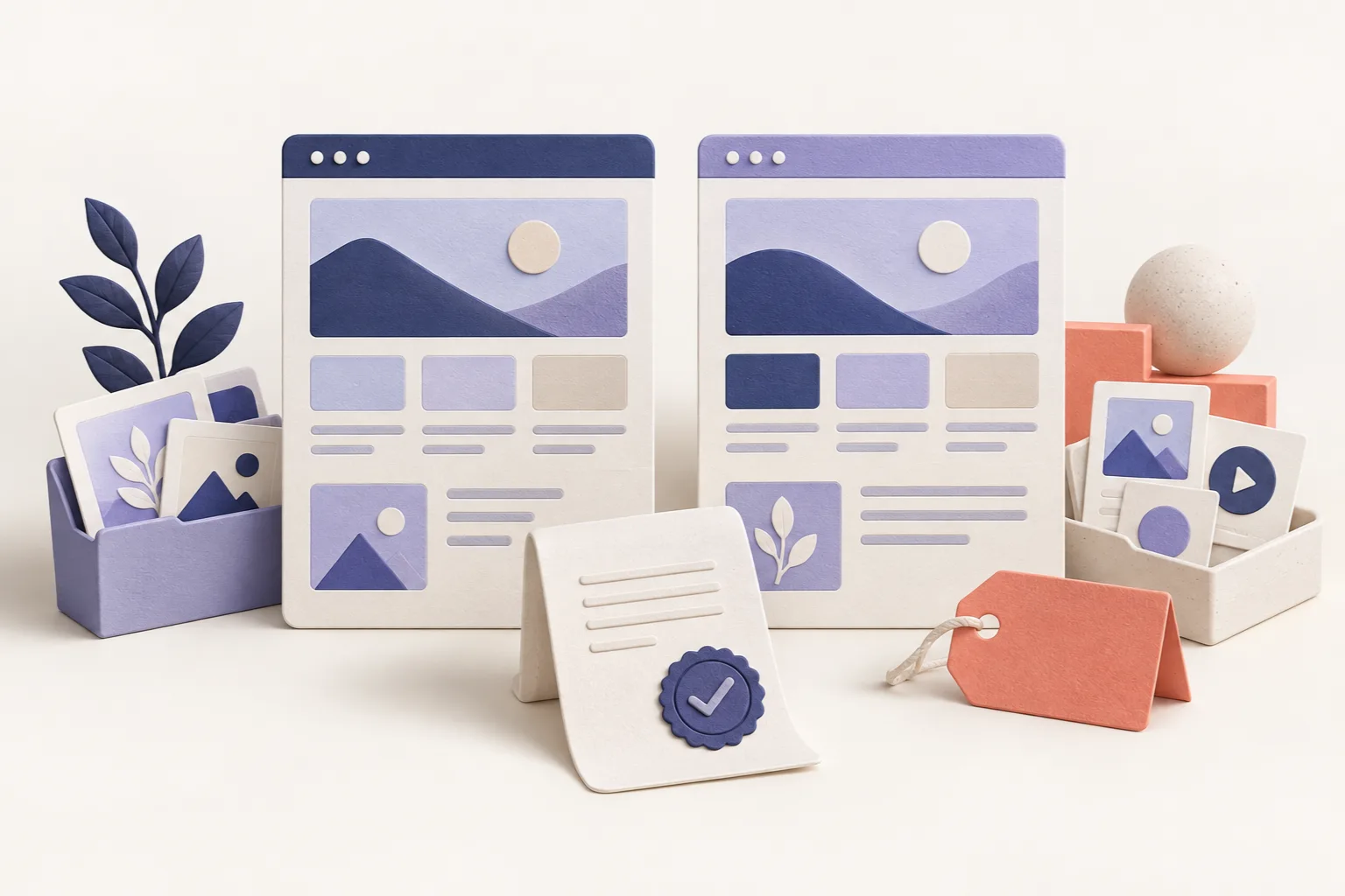 Two paper website layouts beside a permission document, asset folders, and a blank price tag.